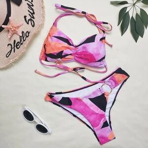 Pink, Orange, and Black Women's Bikini Set